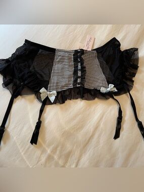 New Black Gingham Ruffle Garter Belt with Satin Bows
